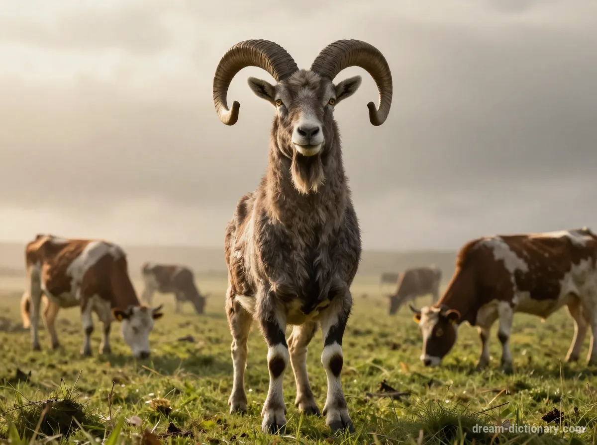 Een grote bok op achterpoten, met indrukwekkende horens, staat dreigend in een wei. Op de achtergrond grazen koeien en mensen kijken toe, maar bieden geen hulp.