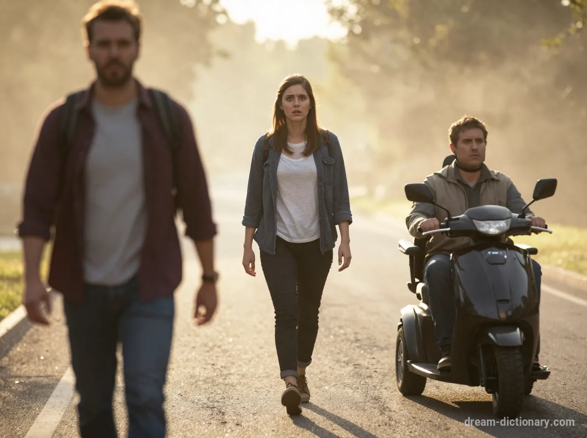 Een bange persoon kijkt naar een boze man die de weg verspert, terwijl een ex in een scootmobiel voorbijrijdt.