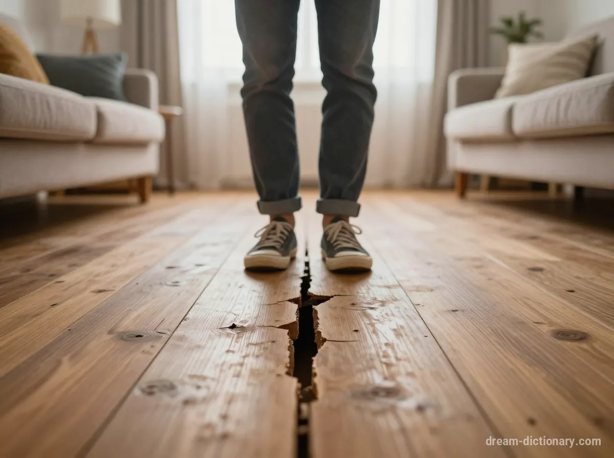 Een subtiel gebarsten houten vloer in een lichte kamer, met een glimp van een kamer eronder, wat duidt op een verborgen realiteit die ontdekt wordt.
