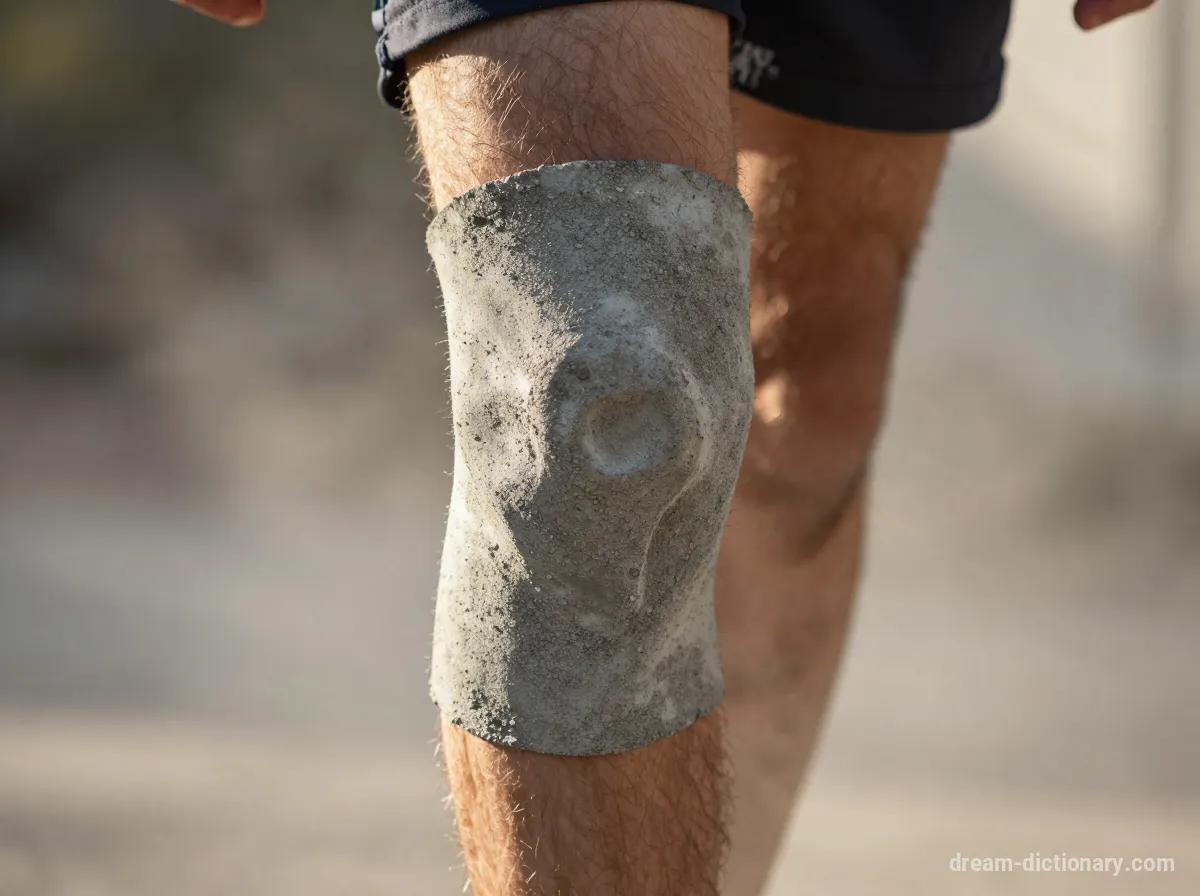 Een menselijke knie die vastzit in beton, met behaard been erboven, verlicht door gouden uur zonlicht.