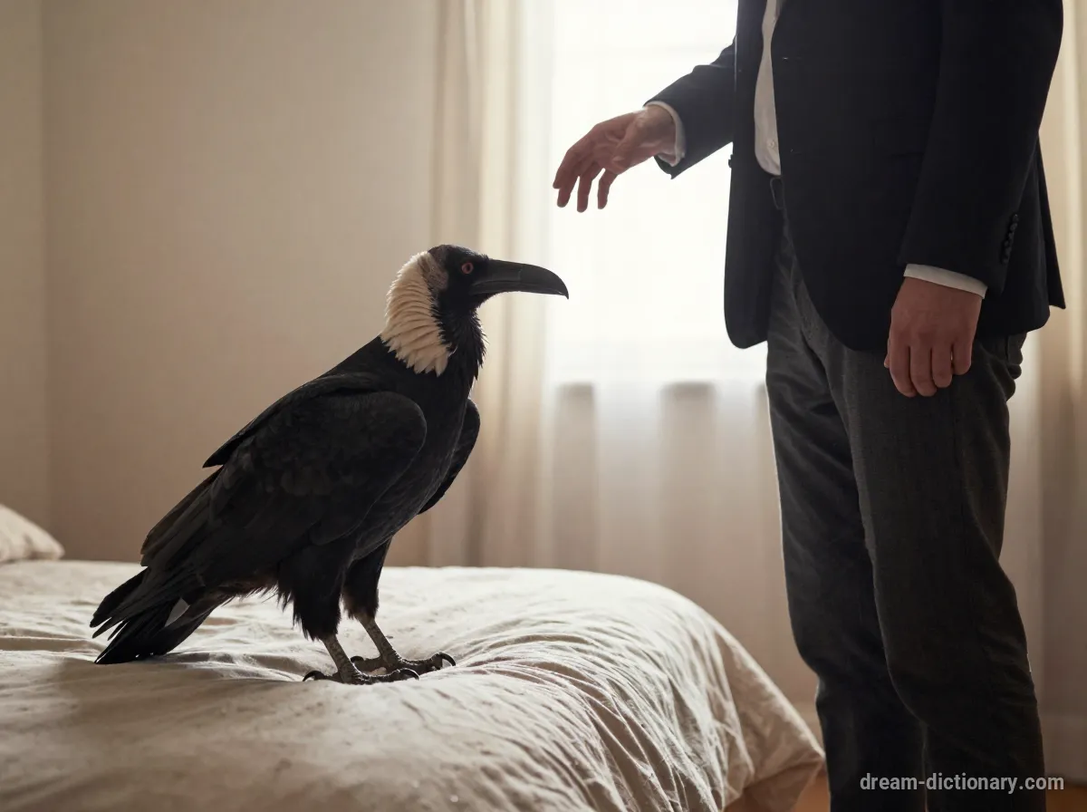 Een surrealistische slaapkamer met een zwarte gier met een witte kraag op het voeteneinde van een bed, waar een volledig gekleed persoon de gier wegjaagt.
